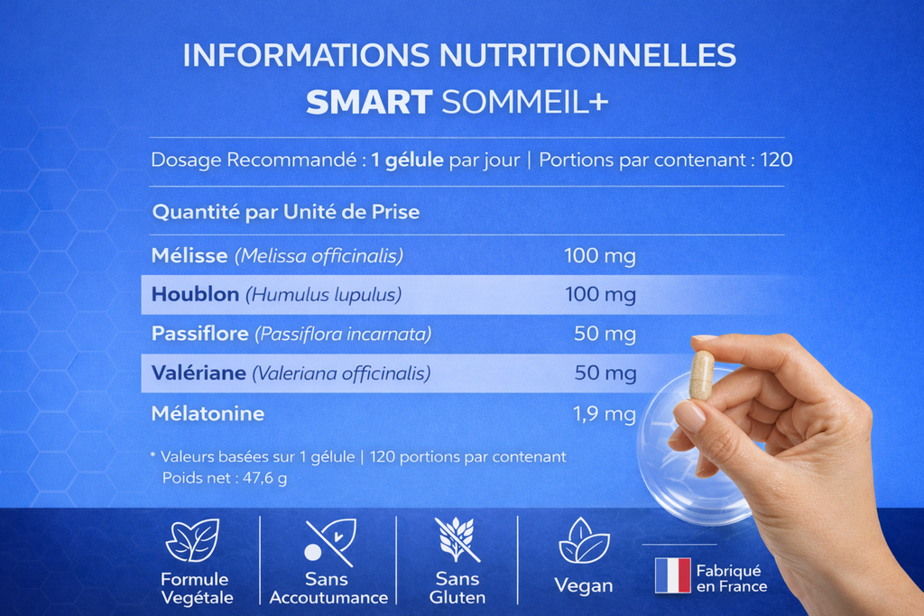 SOMMEIL+ | Mélatonine 1,9 mg & Plantes Apaisantes | Cure 40 jours – 120 gélules