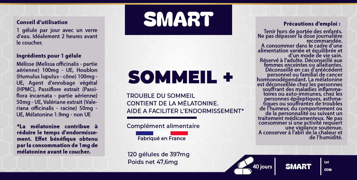 SOMMEIL+ | Mélatonine 1,9 mg & Plantes Apaisantes | Cure 40 jours – 120 gélules